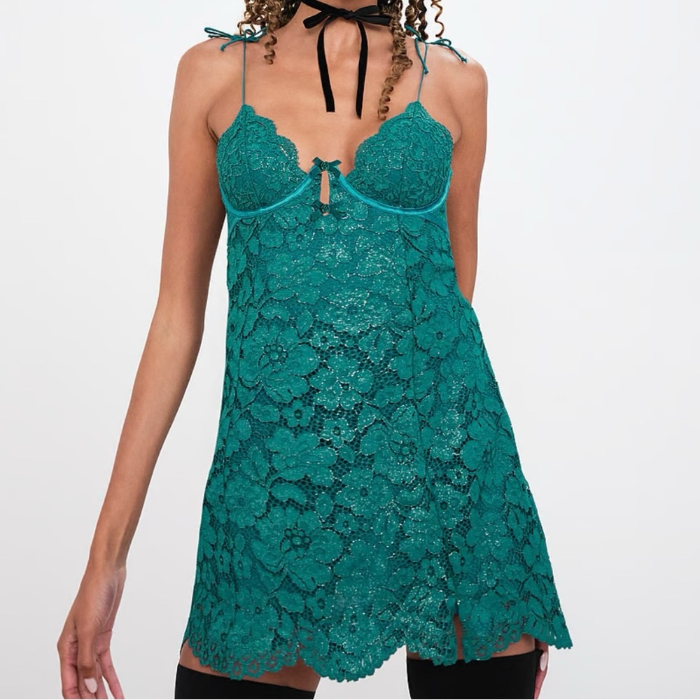 For Love & Lemons Teal Creamsicle Lace Slip Dress